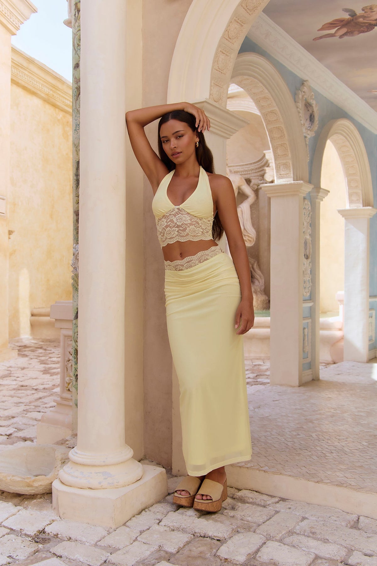 Statement Gaze Lace Maxi Skirt Yellow