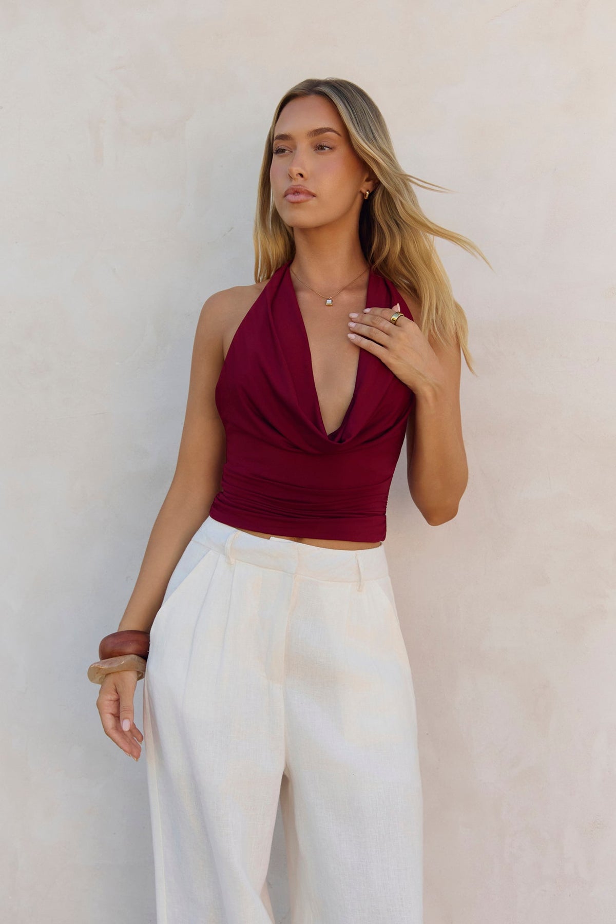 BASE Contour In Her Element Halter Cowl Top Wine