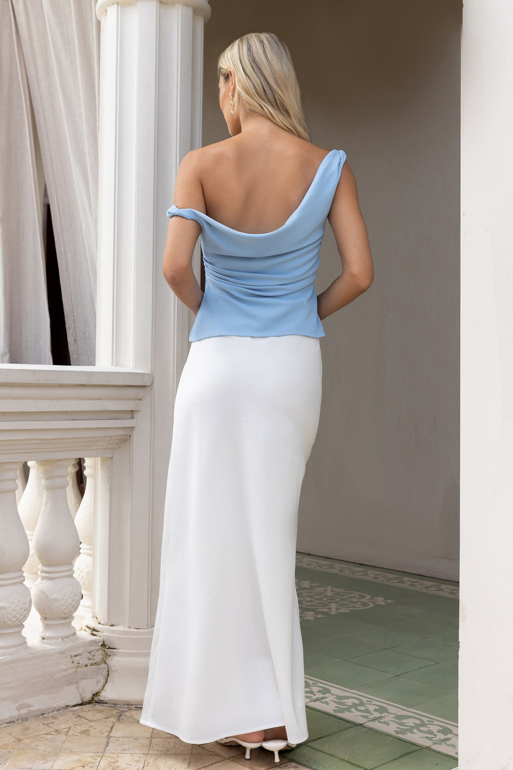 Smart Casual Tailored Off Shoulder Top Blue